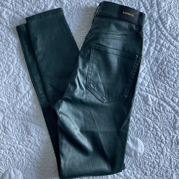 Express Women's Skinny High Rise Faux Leather Hunter Green Pants Size 0 - Picture 5 of 11